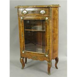 A 20th century walnut veneered French Vitrine with a brass galleried back and porcelain panels...