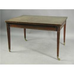 A Sheraton design mahogany draw leaf table, on square tapering legs, brass cups and castors, 9...