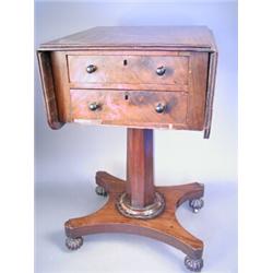 A Georgian mahogany drop flap work table, the two short drawers and opposing dummy drawers all...