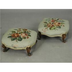 A pair of small embroidered cabriole legged stools, 34 x 30cm Est. 250/300...