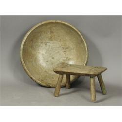 A 19th century sycamore dairy bowl (43cm) and a rustic stool Est. 80/120...