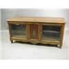 Image 1 : A reproduction burr wood shop counter, the front with two shallow glazed cupboards the reverse...
