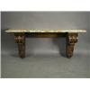 Image 1 : A heavy oak pier table with carved scrolled and acanthus leaf ends supporting a shaped marble...