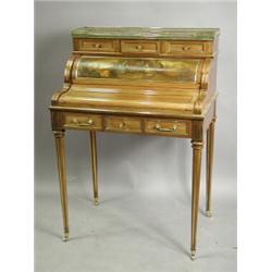A French Bonheur Du Jour, mid 20th century, with a brass galleried marble top a painted rotati...