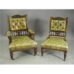 A pair of Victorian leather button back upholstered ladies and gentlemans salon chairs Est....