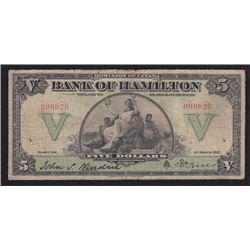 1922 Bank of Hamilton Five Dollars