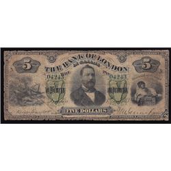 1883 Bank of London Five Dollars