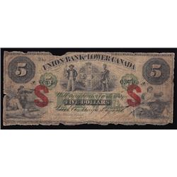 1871 Union Bank of Lower Canada Five Dollars