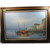 Image 2 : CRANE SHIPS AT HARBOR FRAMED OIL PAINTING