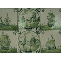Twenty green and white delft tiles, each painted with sailing ships or river landscapes, each 13c...