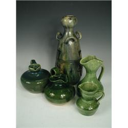 A Belgian Art Nouveau vase, together with two green glazed jugs, a Govancroft vase, and a lead gl...