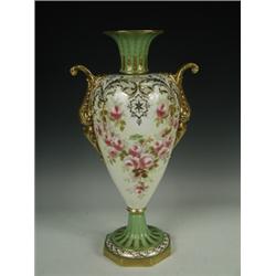 A large Edwardian Wedgwood porcelain two handled vase with hand painted rose garland decoration s...