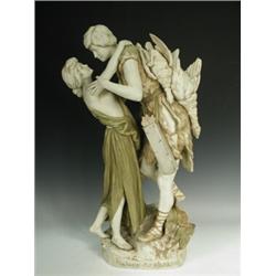 A large Royal Dux porcelain figure group titled 'Retour de Chasse' (Return from Hunting), the hun...