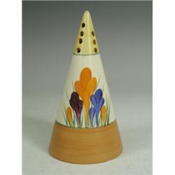 A Clarice Cliff Crocus pattern conical sugar sifter, black printed marks to the base Est. 150/200...