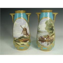 A pair of Victorian Worcester vases each with hand painted oval vignettes, depicting figures in r...
