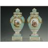 Image 1 : A pair of Berlin vases and covers with over-painted panels and gilt mouldings, (both covers resto...