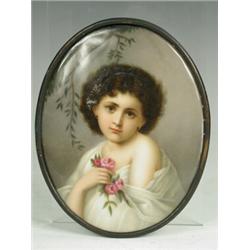 An oval porcelain plaque of a girl holding a sprig of flowers, impressed mark 12/E, (slight rubbi...
