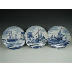 Three 19th century Dutch Delft blue and white plates from a series depicting the various stages o...