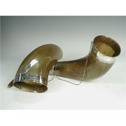 A pair of 20th century Russian white metal mounted horns, with Niello cyrillic inscriptions and f...