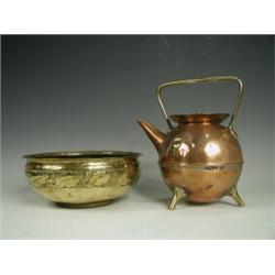 A 19th century Benham and Froud copper and brass kettle and an Arts & Crafts Keswick brass bowl,...