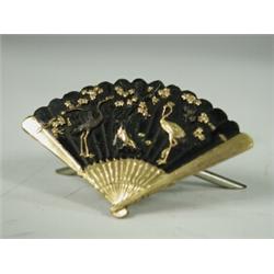 A late 19th century Japanese set of six gilt metal menu holders in the form of fans decorated wit...