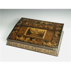 A Tunbridgeware inlaid writing slope, the fall decorated with a country house, possibly Knowle Ho...