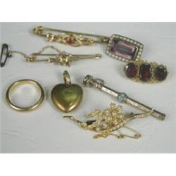 Eight pieces of jewellery: three bar brooches, two set with pearls and one 15ct gold set with a r...