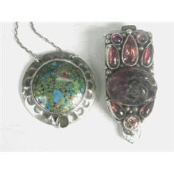 A silver mounted enamel pendant, 3cm long, and a gem set silver dress clip circa 1930, 4.5cm long...