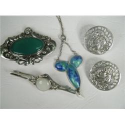 Four items - An Arts and Crafts silver and enamel pendant, hallmarked 1908, 4.5cm long, a silver...