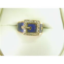 An 18ct gold, enamel and diamond buckle ring, size L Est. 150/200...