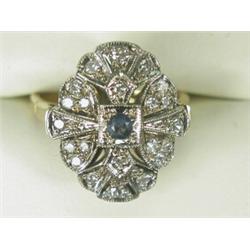 An Art Deco style sapphire and diamond pierced ring set in 18ct gold, size I 1/2 Est. 300/400...