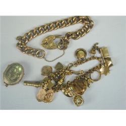 Three items: A Victorian 9ct gold curblink bracelet with enamelled decoration and padlock clasp,...