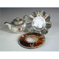 A Victorian silver and tortoiseshell inkstand (missing glass well) 1897, a silver tray, Sheffield...