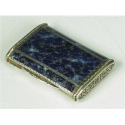 A French white metal box, the hinged cover with enamel panels in the form of Lapis Lazuli, the si...