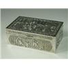 Image 1 : A Chinese white metal cigarette box with panels of figures and birds on branches, stamped China/S...