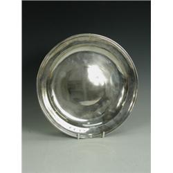 A George II silver alms dish of plain form with a banded border and inscribed to one side Hatfiel...