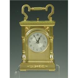 A Victorian carriage clock, with an hour repeat mechanism and a gold plated case with glazed beve...