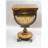 Image 1 : A Victorian rosewood work table with a fold over top, a frieze drawer, basket and painted decorat...