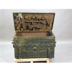 An iron bound Armada chest with a false lock plate to the front, the shooting bolt action damaged...