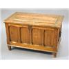 Image 1 : An Arts & Crafts pine coffer with a panelled front and sides and iron ring handles, 89cm wide Est...