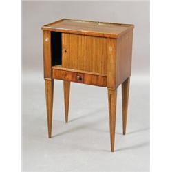 A 19th century mahogany pot cupboard with a tambour slide above a single drawer on square taperin...