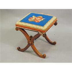 A Victorian rosewood 'X' frame stool with a woolwork seat, 40.5cm Est. 300/400...