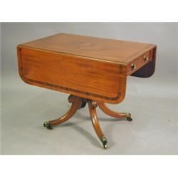 A late George III mahogany drop leaf Pembroke table with rosewood cross banding and satinwood str...