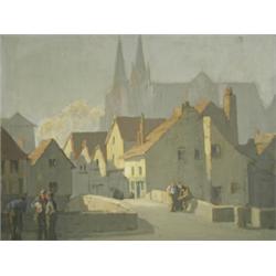 English School, 20th Century, FIGURES BESIDE A BRIDGE WITH HOUSES AND A CATHEDRAL BEYOND, Oil...