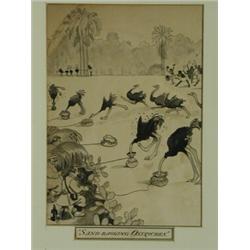 Style of Heath Robinson, 'SAND BAGGING OSTRICHES', Pencil ink wash, unsigned, 19.5 x 13cm, ...