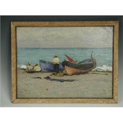 Joseph Milner Kite, BOATS ON A SHORELINE, Signed bottom left, oil on board, 24 x 33cm, Est....