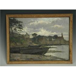 Joseph Milner Kite, MEDITERRANIAN FISHING BOATS ON A SHORE WITH FIGURES, Signed bottom right,...
