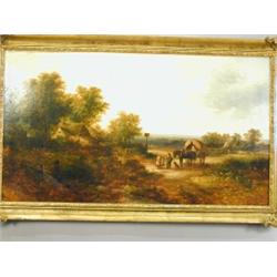 Attributed to Beaty, A NORFOLK LANDSCAPE WITH FIGURES BESIDE A HORSE AND WAGON, Oil on canvas...