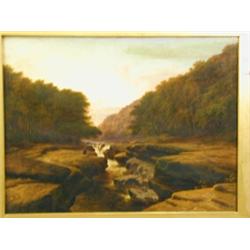 Walter Williams, A LADY BESIDE A WATERFALL IN A WOODED VALLEY, Signed and dated 1876, oil on...