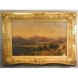 English School - 19th century, RUSTIC MOUNTAIN LANDSCAPE, WITH A HUNT, Oil on canvas, 64 x 10...